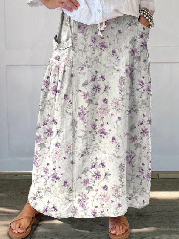 Elasticated waist canvas skirt with pockets, retro flower pattern — view 2