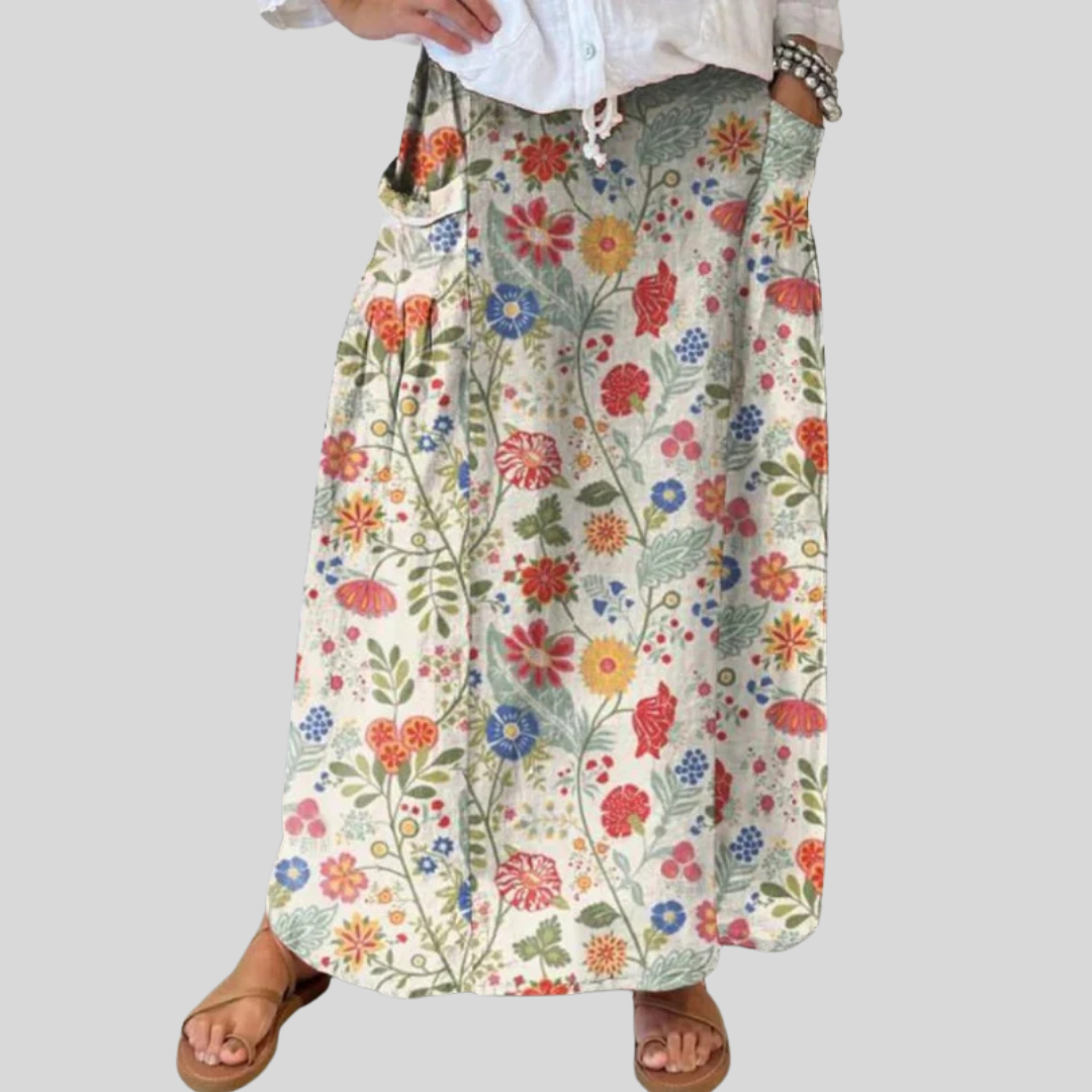 Elasticated waist linen skirt with pockets, flower pattern — view 1
