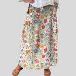 Elasticated waist linen skirt with pockets, flower pattern — view 1