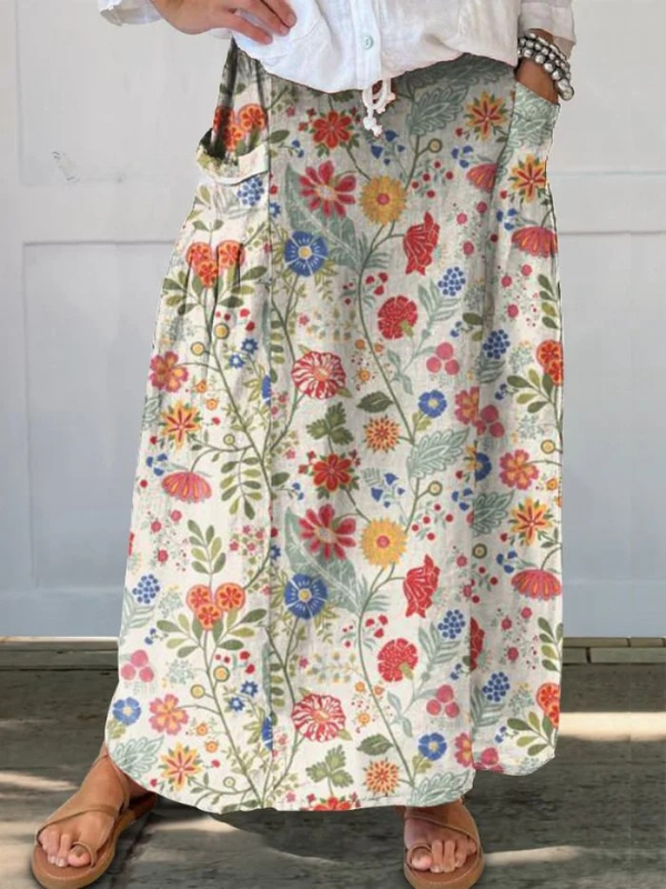 Elasticated waist linen skirt with pockets, flower pattern — view 2