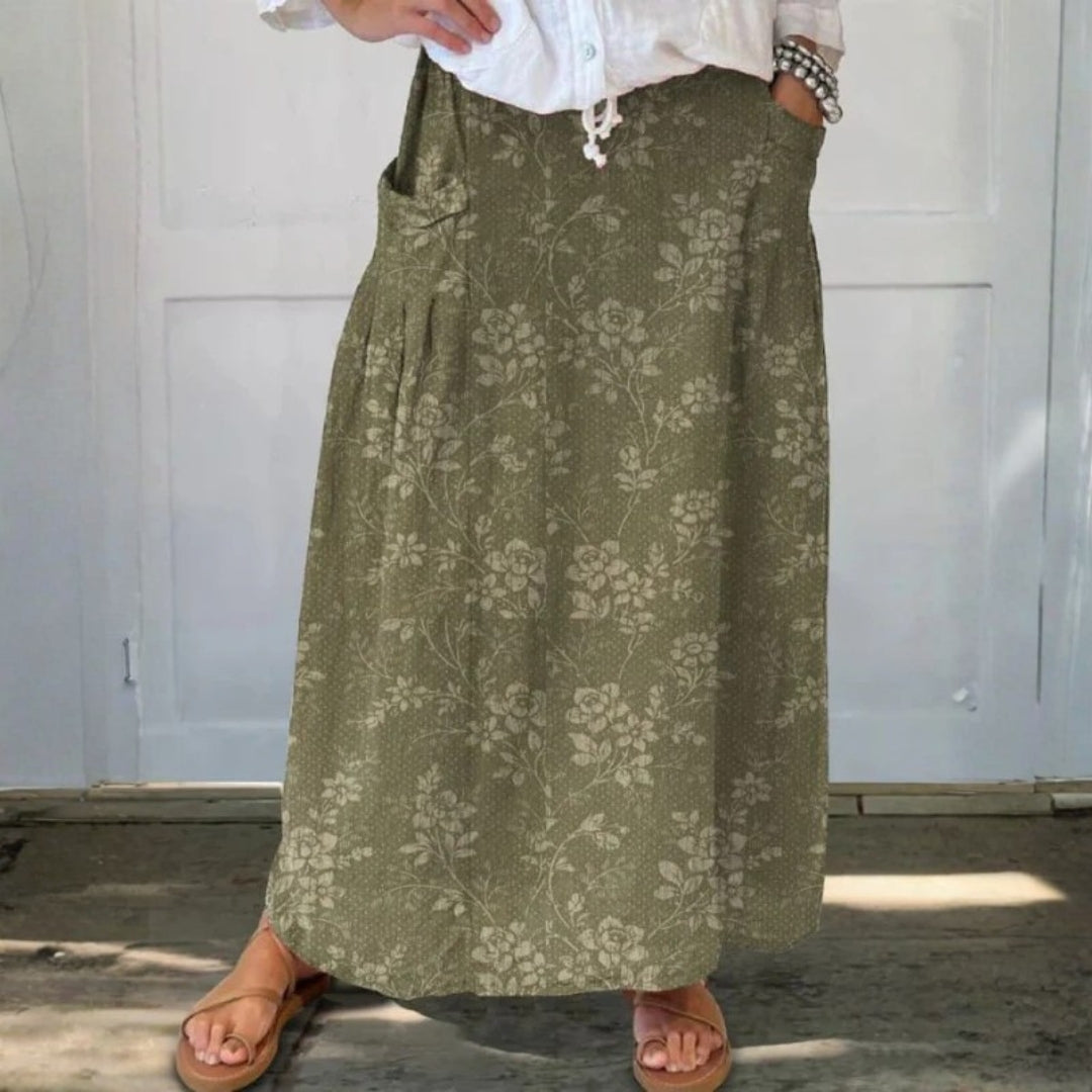 Elasticated waist linen skirt with pockets, flower pattern — view 1