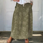 Elasticated waist linen skirt with pockets, flower pattern — view 1