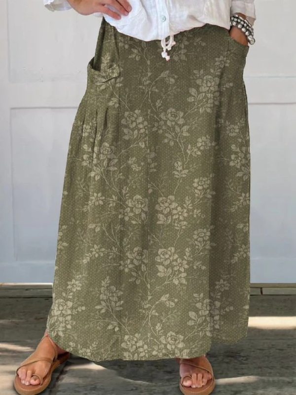 Elasticated waist linen skirt with pockets, flower pattern — view 2