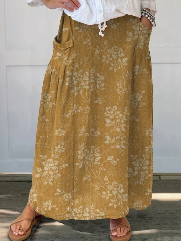 Elasticated waist linen skirt with pockets, flower pattern — view 3