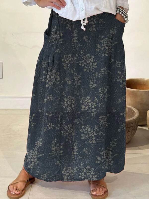 Elasticated waist linen skirt with pockets, flower pattern — view 4