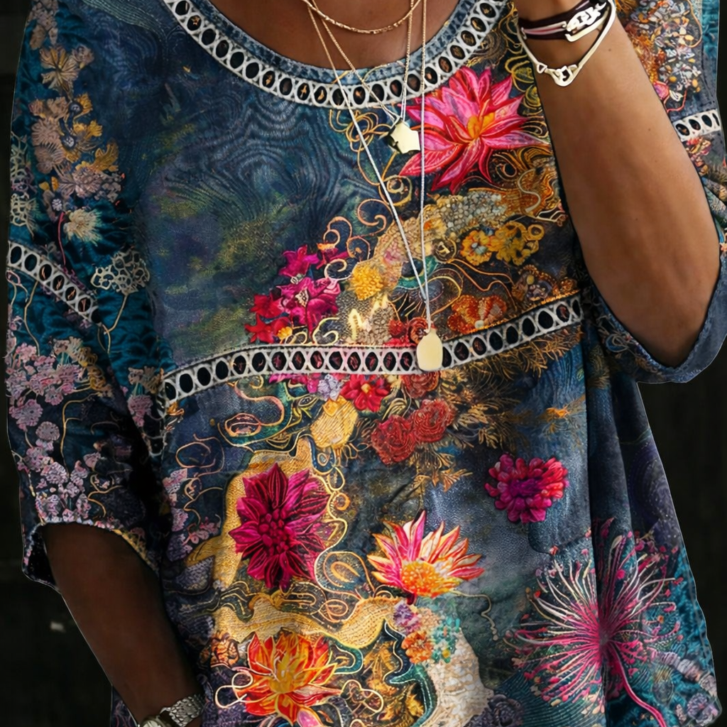 Hallie - Retro Floral Denim Blouse — view 2