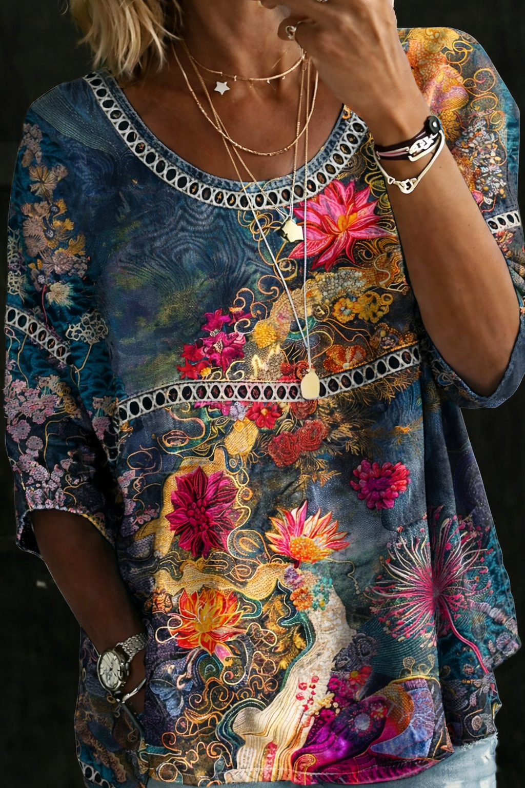 Hallie - Retro Floral Denim Blouse — view 2