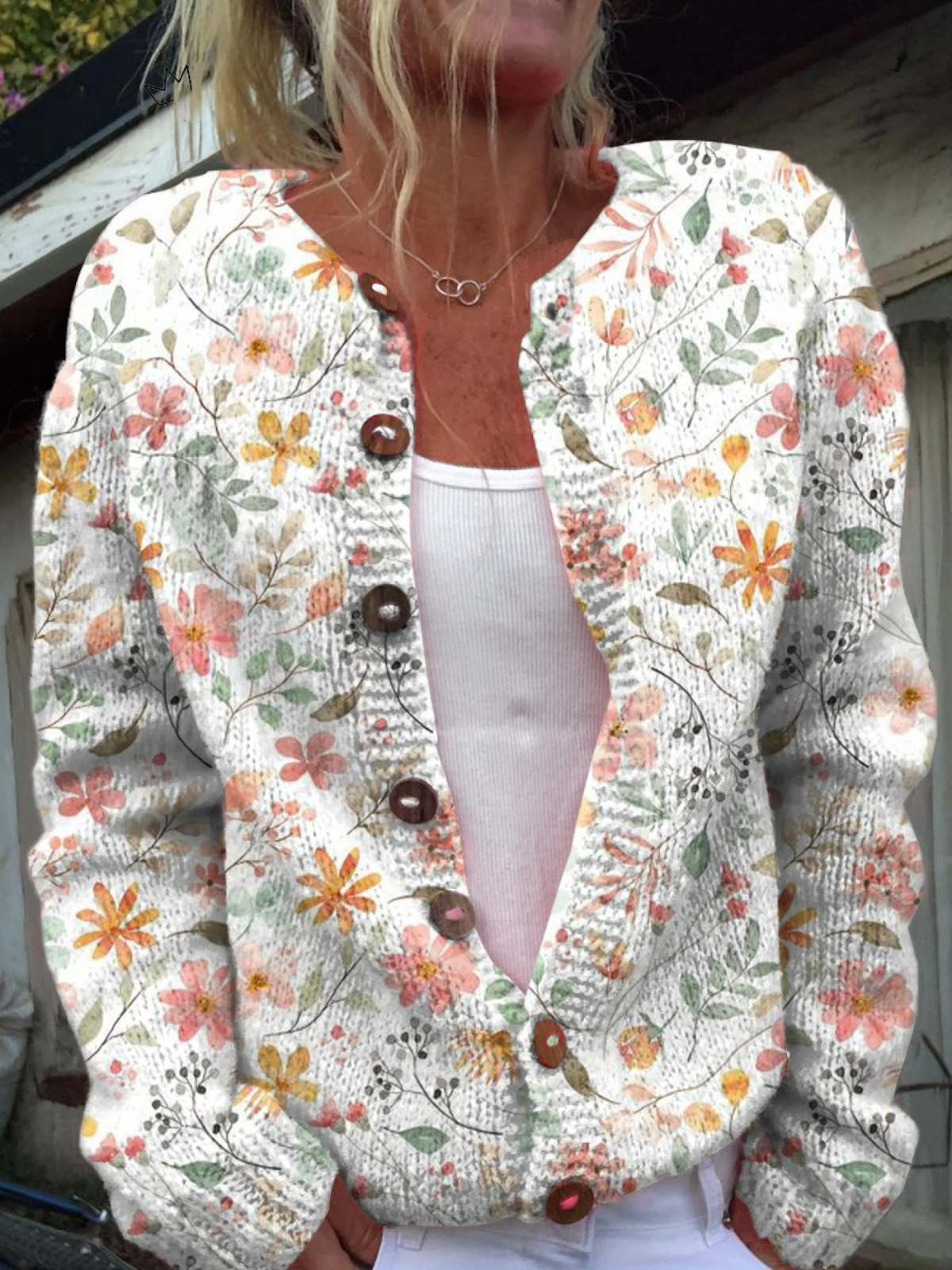 Hannah - Retro Floral Knit Cardigan Sweater — view 1
