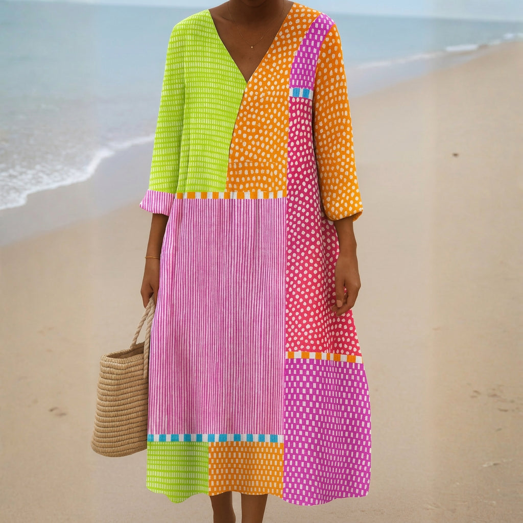 Heather - colourful patchwork dress with dots and stripes — view 1