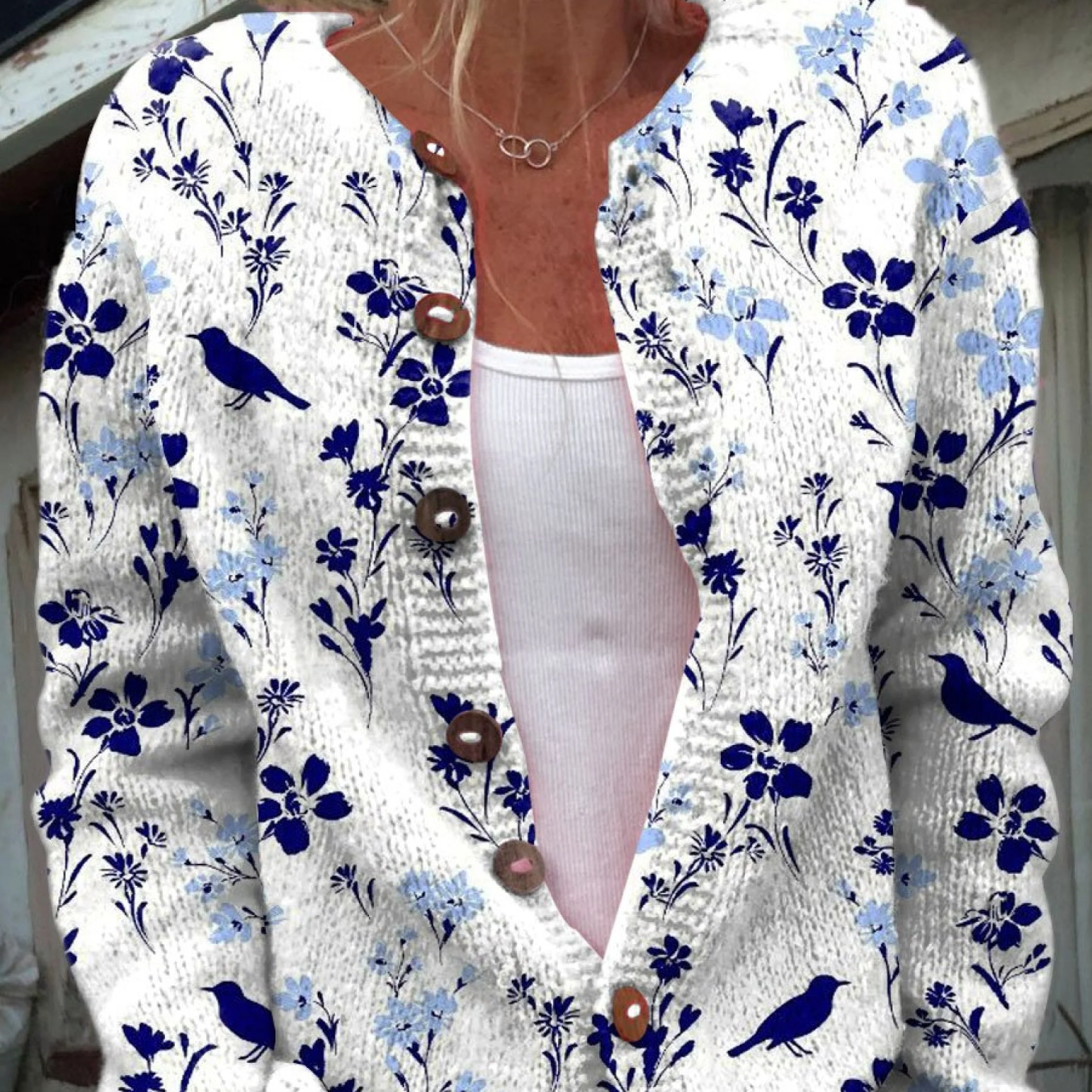 Iris - Retro Floral Bird Button Front Cardigan Sweater — view 1