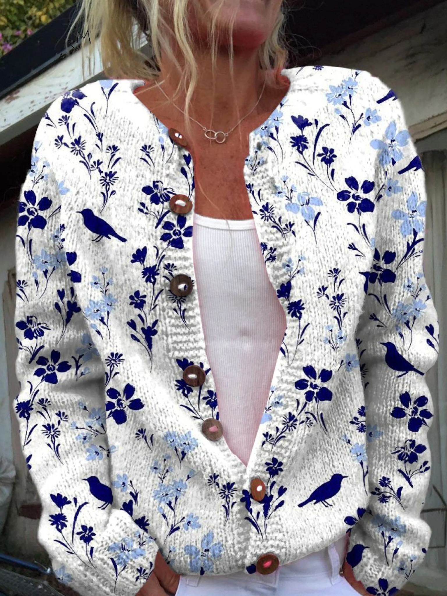 Iris - Retro Floral Bird Button Front Cardigan Sweater — view 1