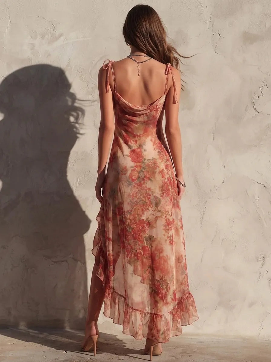 Jamie - Asymmetric floral dress with slit and frills — view 3