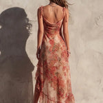 Jamie - Asymmetric floral dress with slit and frills — view 3