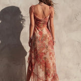 Jamie - Asymmetric floral dress with slit and frills — view 3