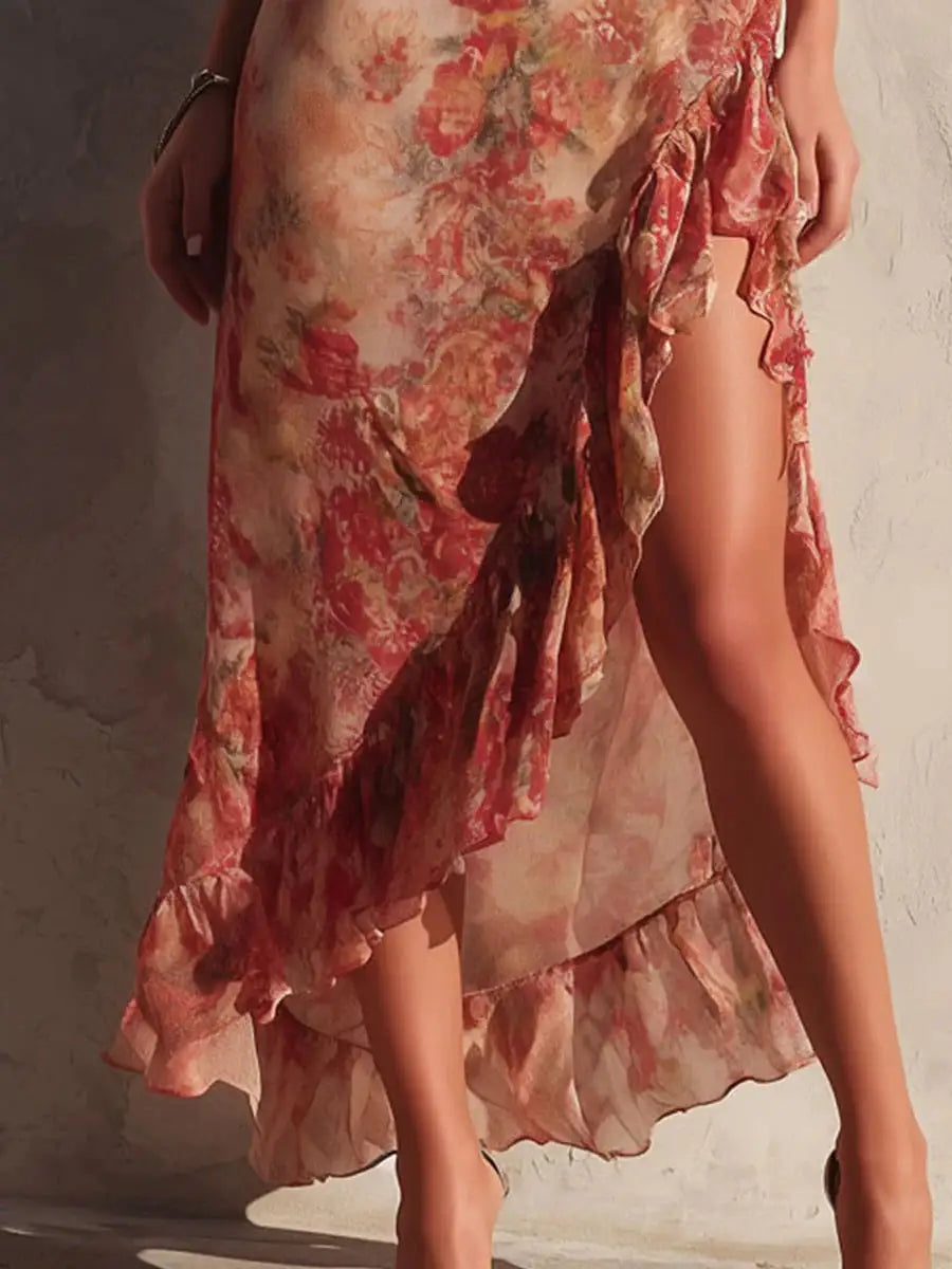 Jamie - Asymmetric floral dress with slit and frills — view 5
