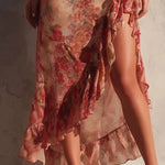 Jamie - Asymmetric floral dress with slit and frills — view 5