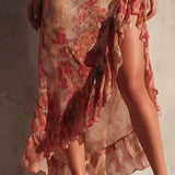 Jamie - Asymmetric floral dress with slit and frills — view 5