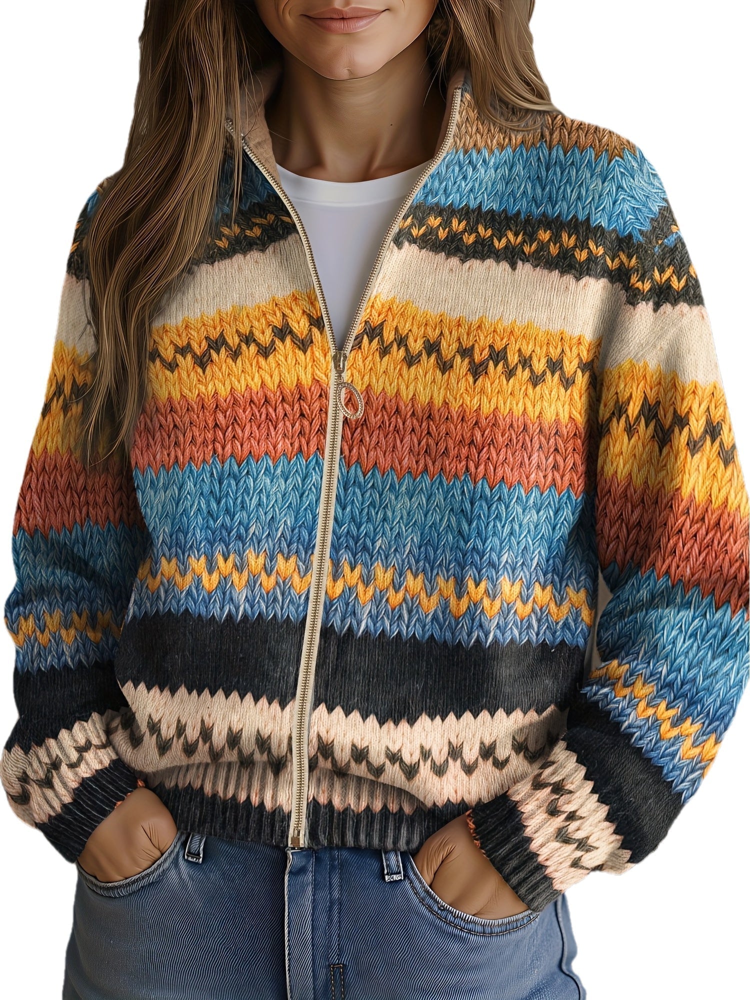 Jenna - Multicolored Zigzag Stripe Knit Cardigan — view 2