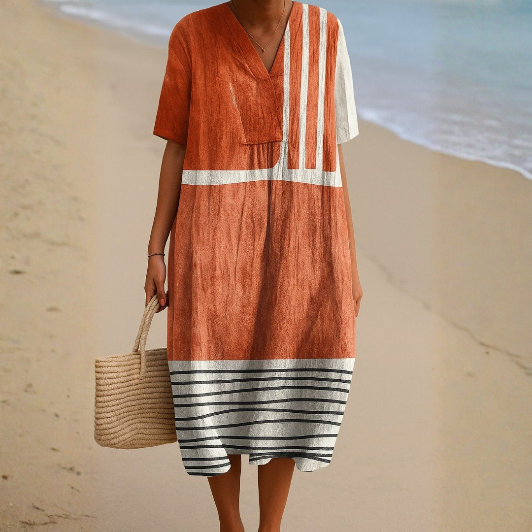Jennifer - terracotta dress with graphic stripes — view 1