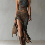 Jessica - asymmetric long dress with ethnic print and side slit — view 2
