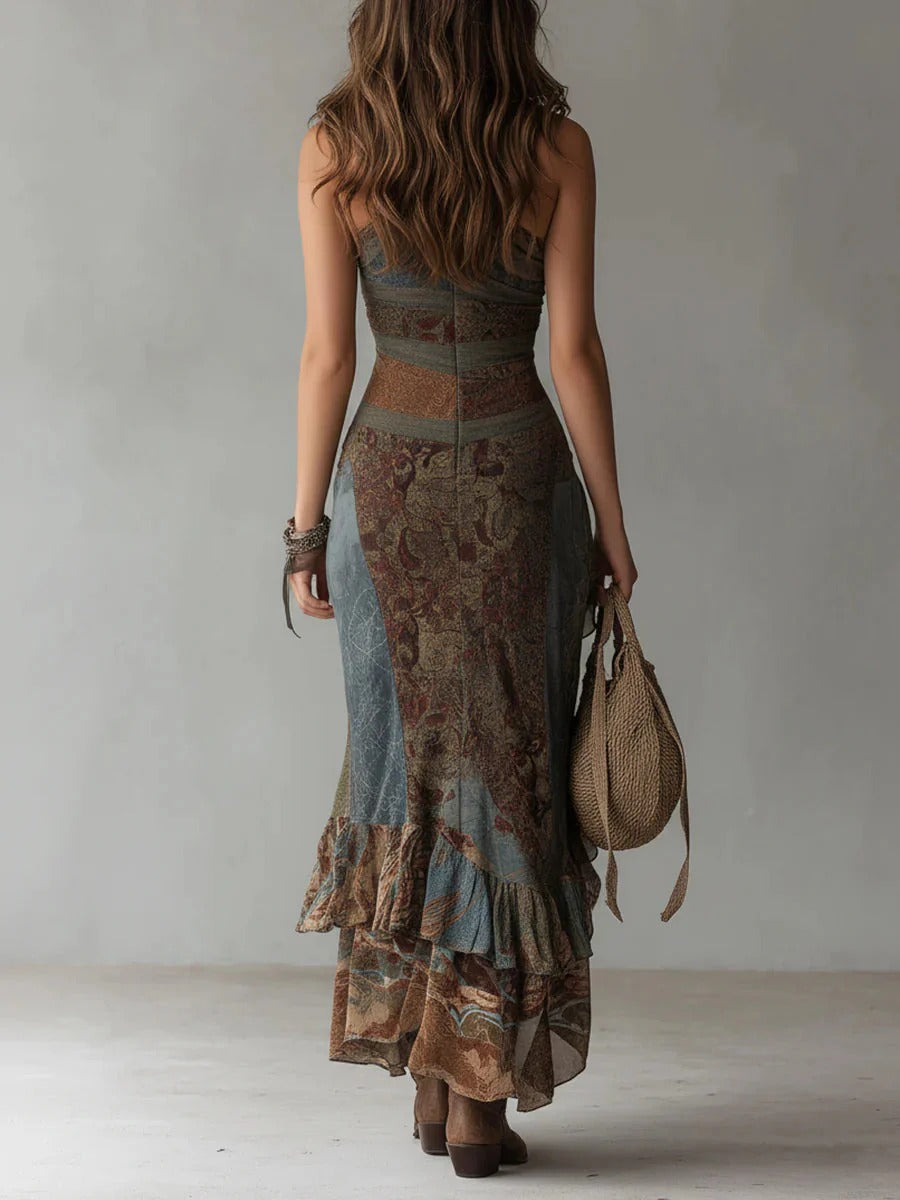 Jessica - asymmetric long dress with ethnic print and side slit — view 4