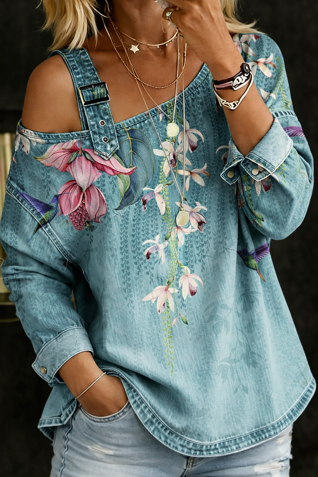 Juliette - denim top, off the shoulder — view 2