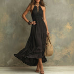 Kate - Black Bohemian High Neck Ruched Lace Maxi Dress — view 2