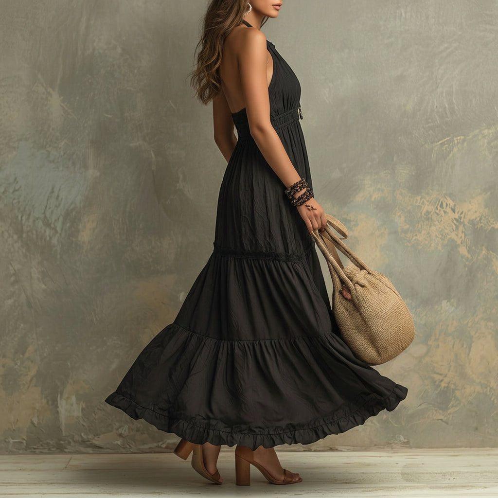 Kate - Black Bohemian High Neck Ruched Lace Maxi Dress — view 3