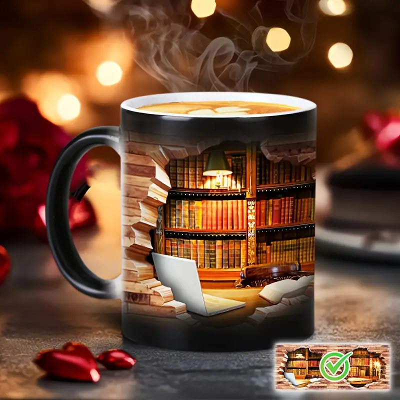 Ceramic mug with magical bookshelf and heat effect — view 1