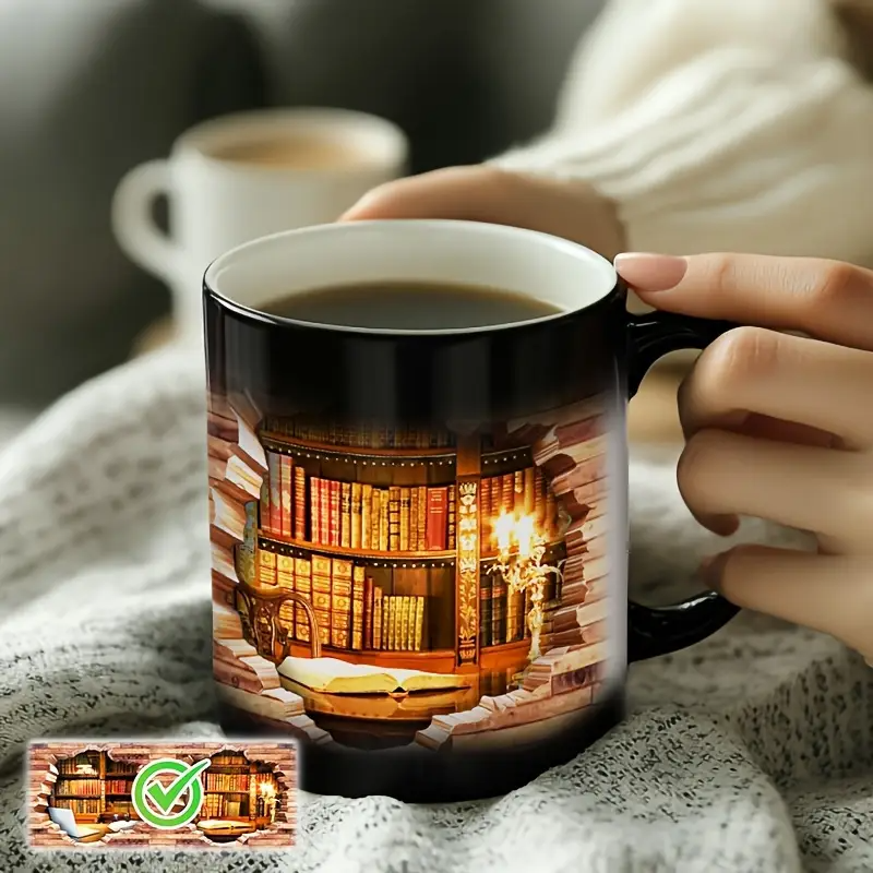 Ceramic mug with magical bookshelf and heat effect — view 3