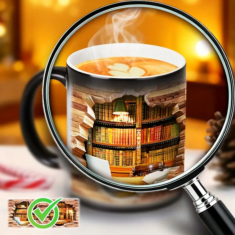 Ceramic mug with magical bookshelf and heat effect — view 4