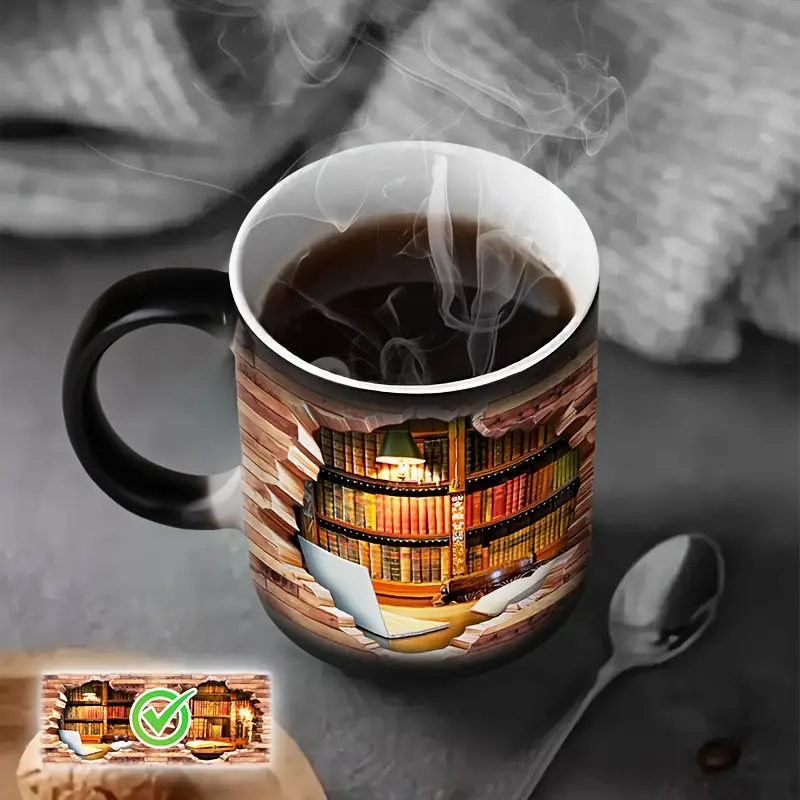 Ceramic mug with magical bookshelf and heat effect — view 5
