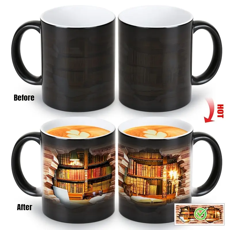 Ceramic mug with magical bookshelf and heat effect — view 6