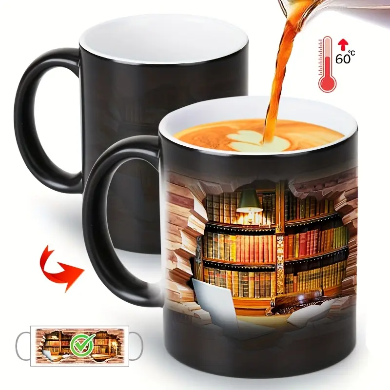 Ceramic mug with magical bookshelf and heat effect — view 7