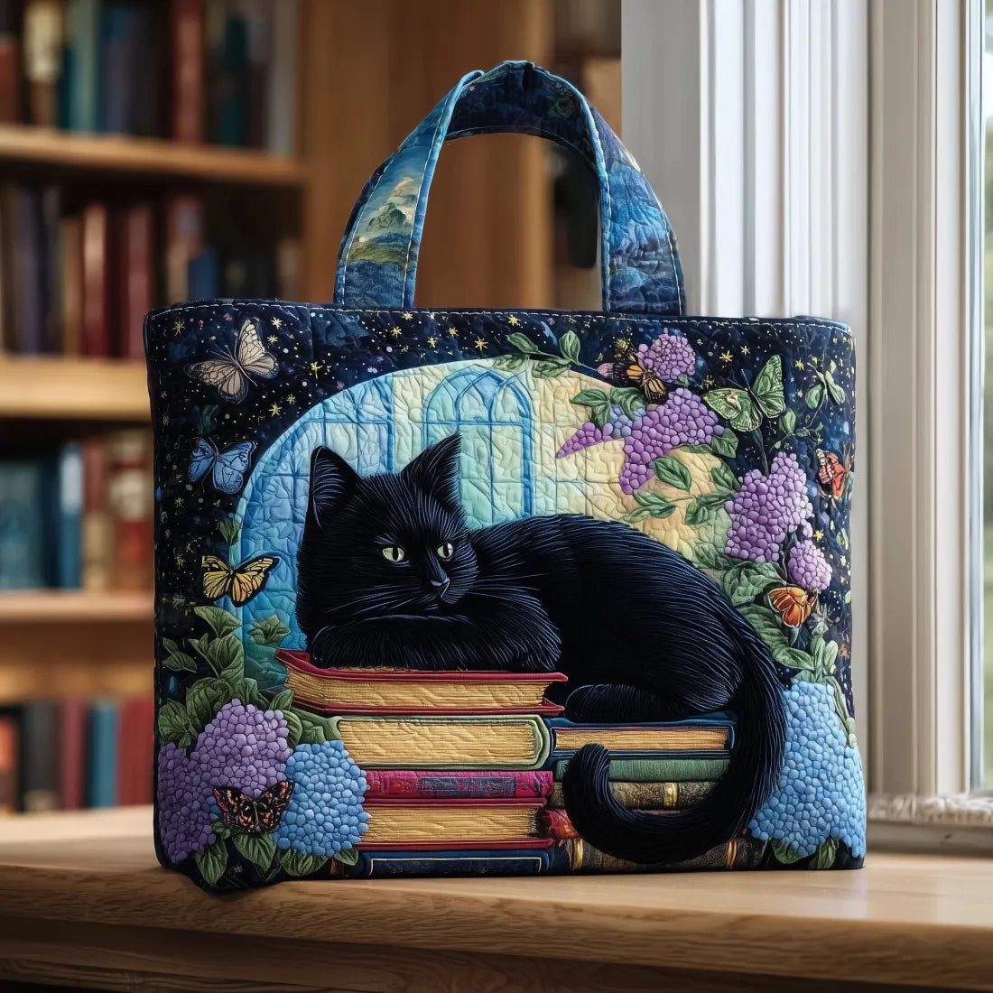 Melody - quilted bag, black cat on books — view 1