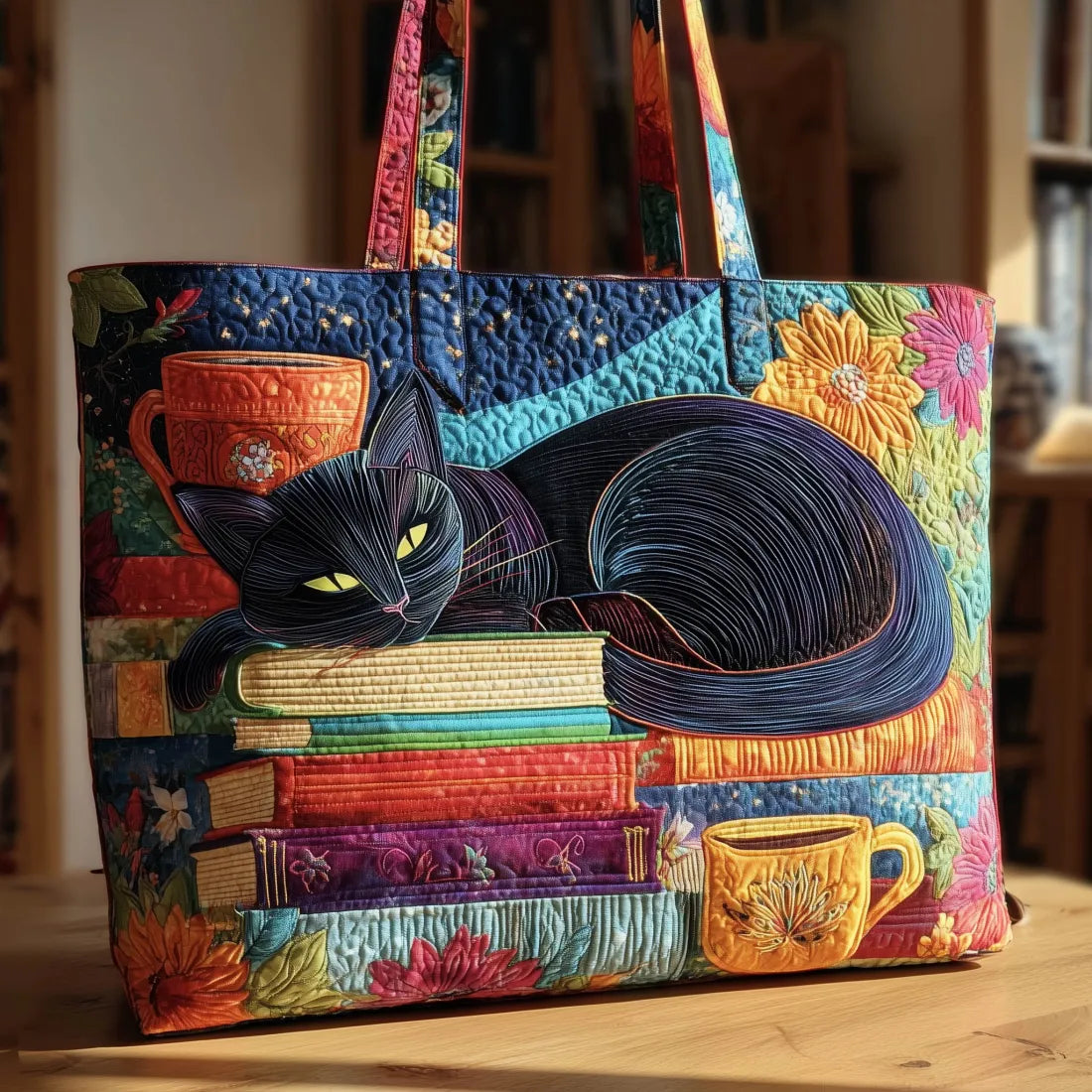 Melody - quilted bag, black cat with books — view 1