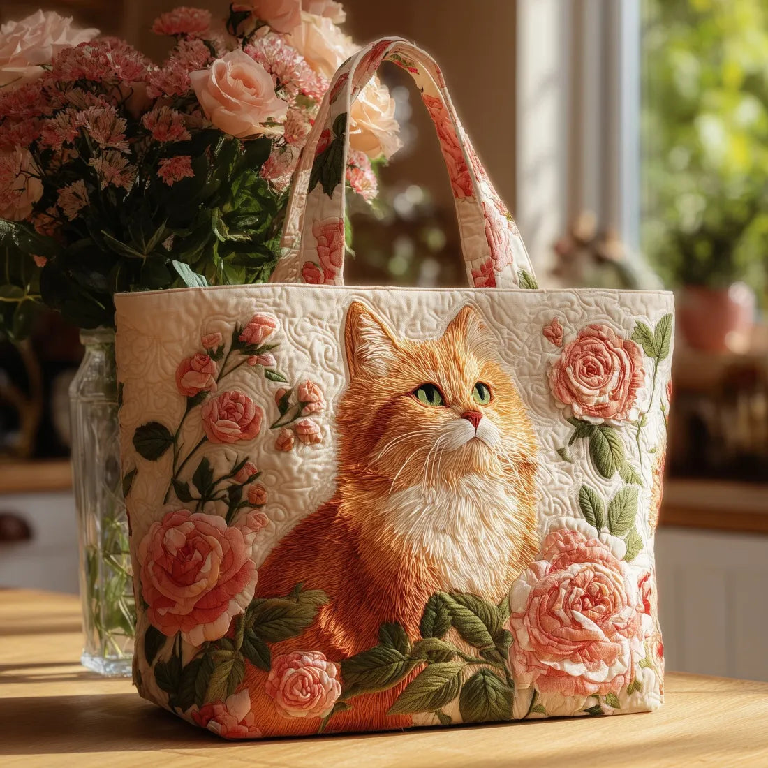 Melody - quilted bag, ginger cat with roses — view 1