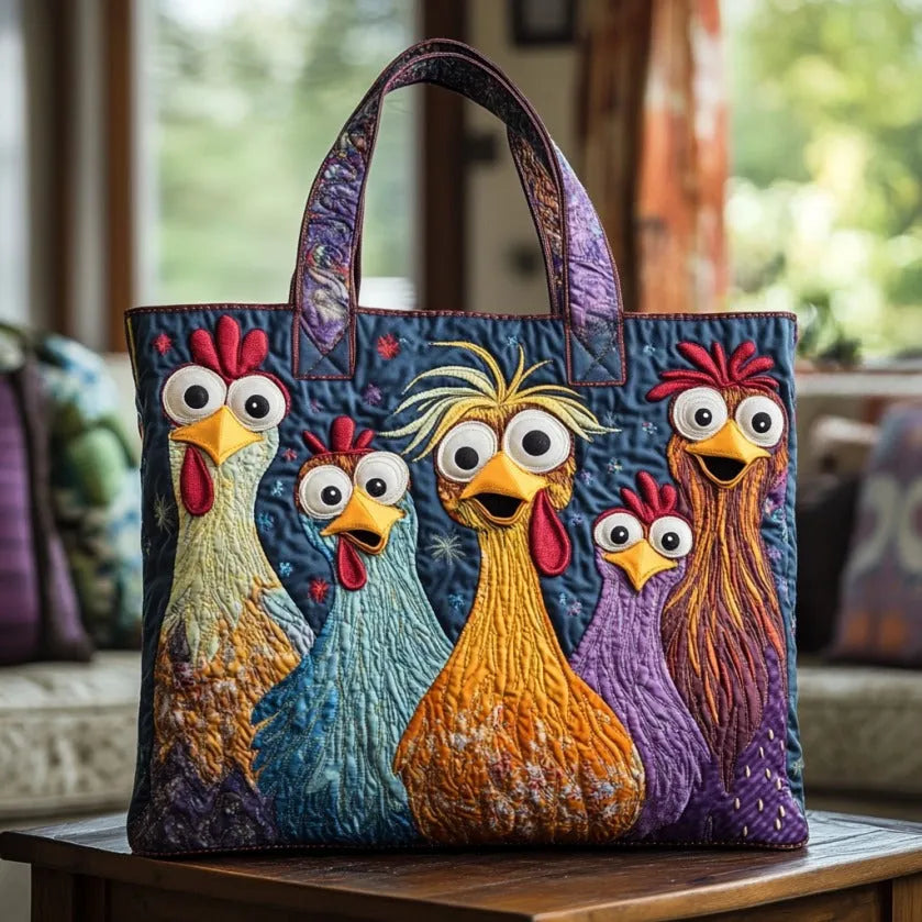 Melody - quilted bag, five colourful hens — view 1