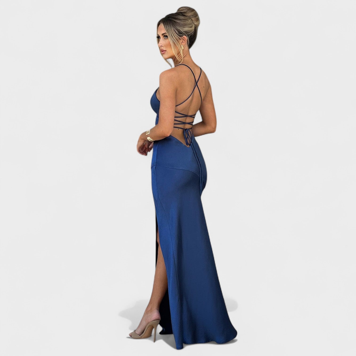 Kristen - Midnight Blue Satin Dress — view 7