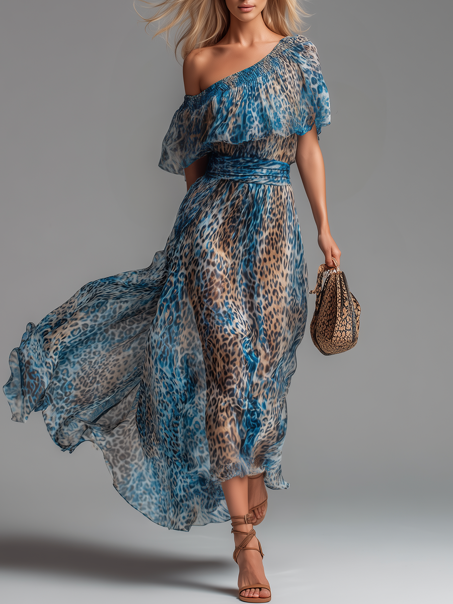 Lauren - long chiffon dress with leopard print and bare shoulders — view 2