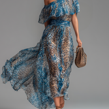 Lauren - long chiffon dress with leopard print and bare shoulders — view 2