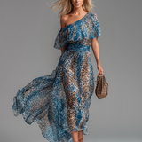 Lauren - long chiffon dress with leopard print and bare shoulders — view 4