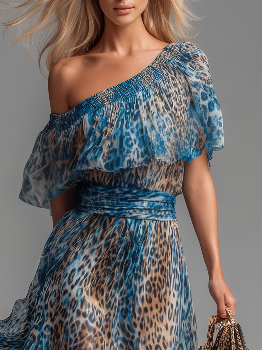 Lauren - long chiffon dress with leopard print and bare shoulders — view 5