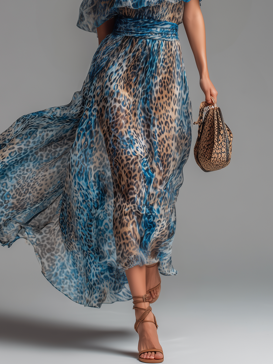 Lauren - long chiffon dress with leopard print and bare shoulders — view 6