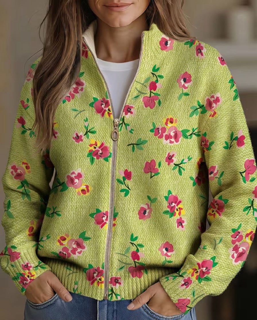 Lauren - Pink Floral Lime Zip Up Cardigan — view 1