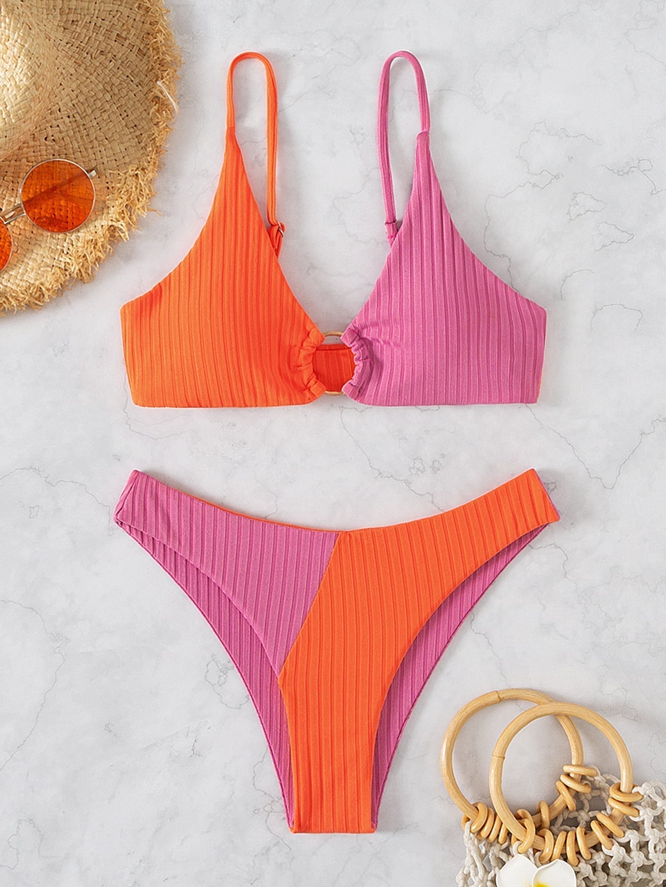 Leslie - Ribbed two-tone high-waisted bikini — view 4
