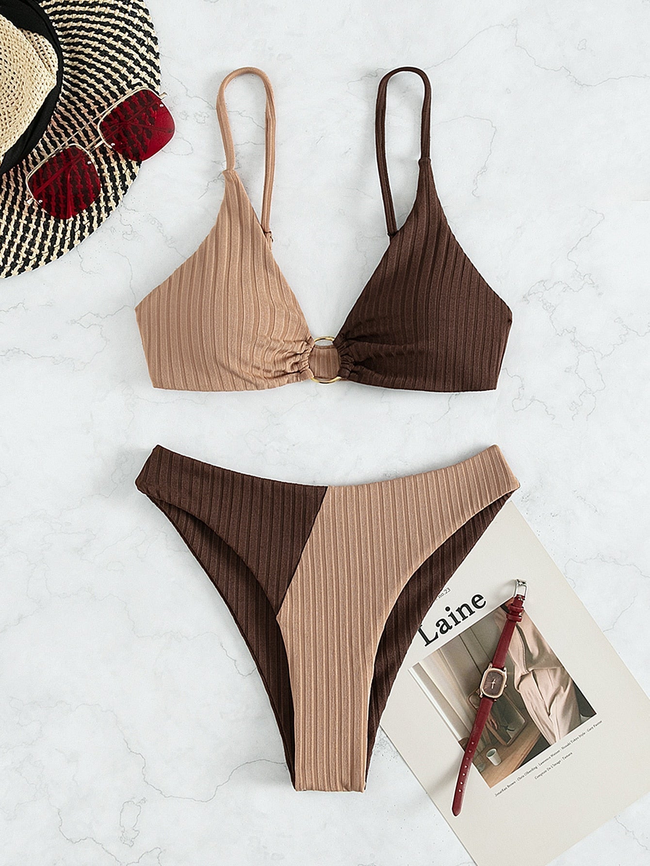 Leslie - Ribbed two-tone high-waisted bikini — view 12