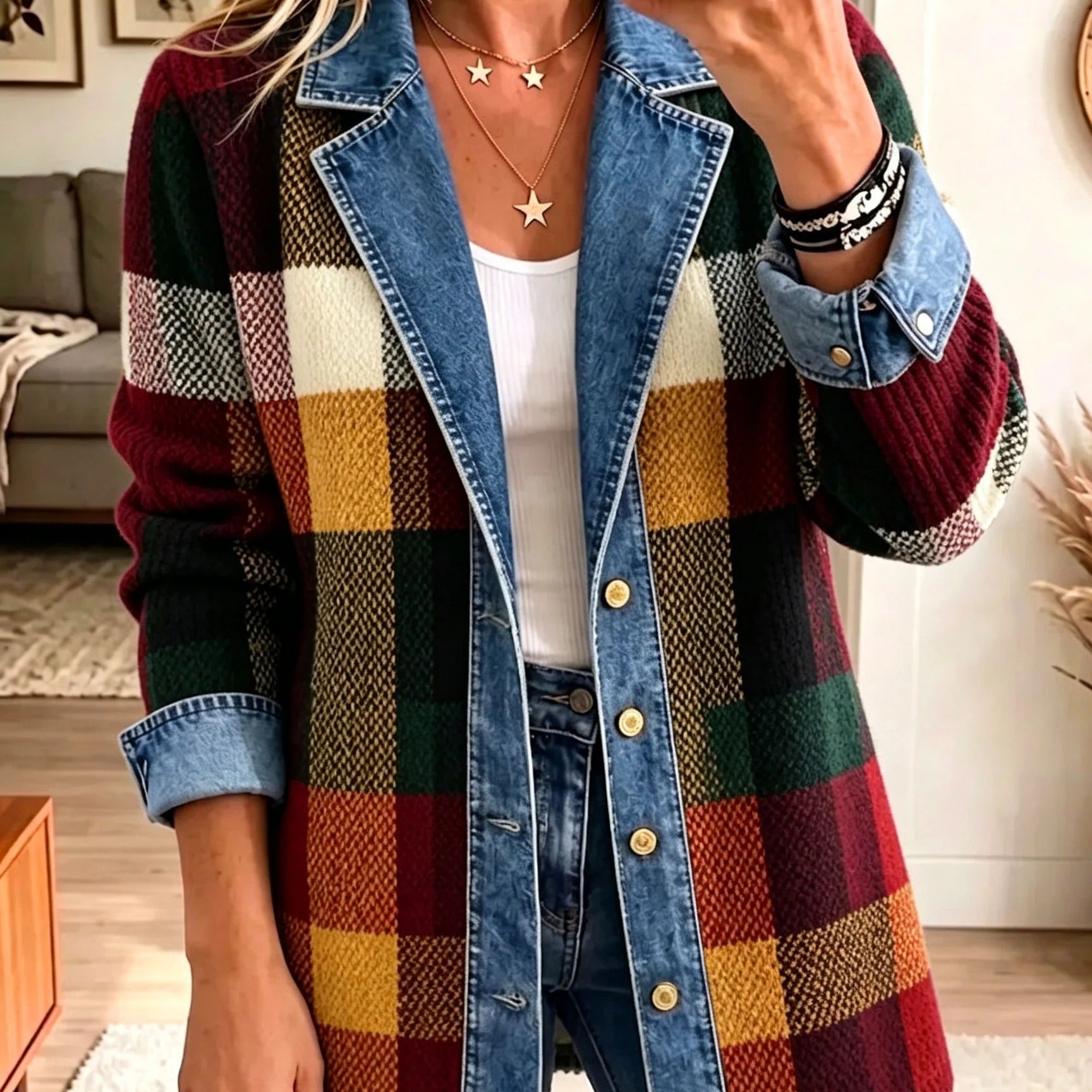 Lillian - Plaid Colour Block Denim Jacket — view 1