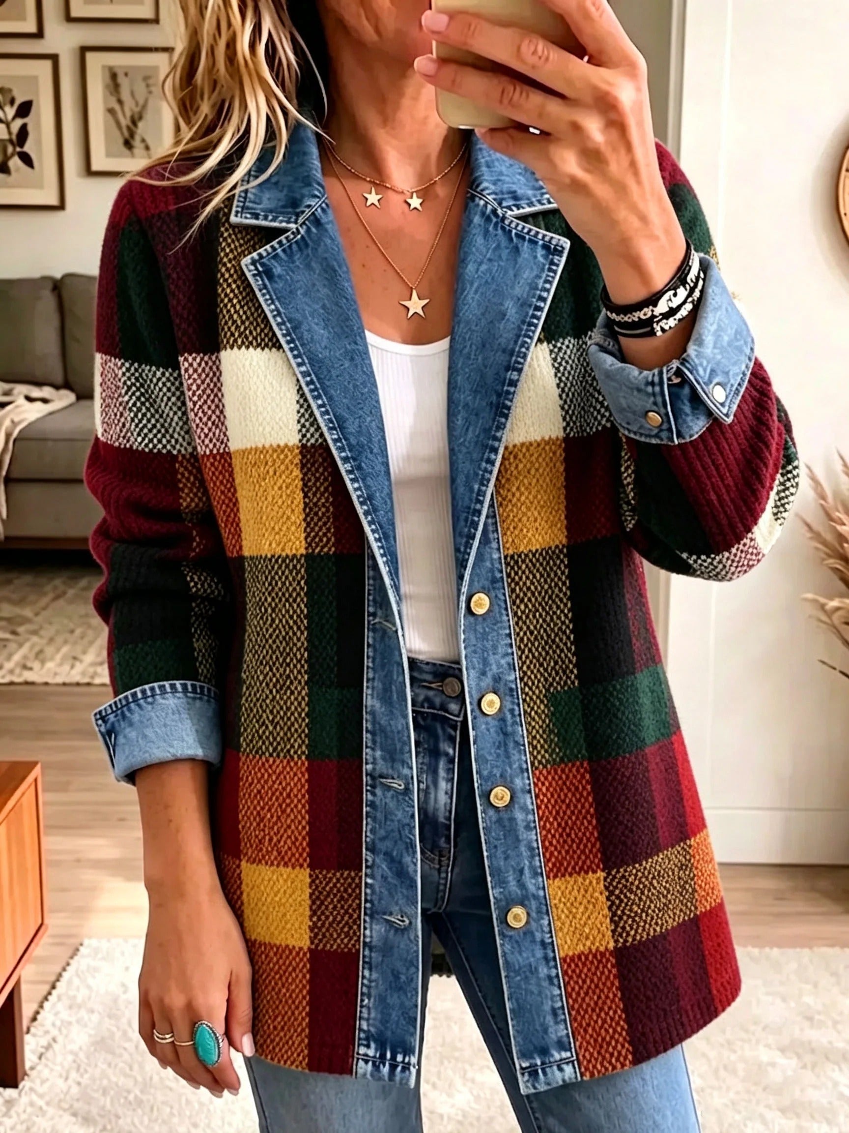 Lillian - Plaid Colour Block Denim Jacket — view 1