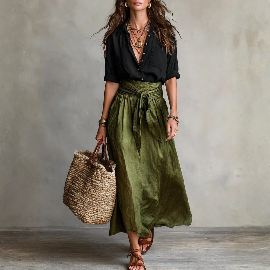Lyla - two-piece set: black t-shirt and olive green midi skirt — view 1